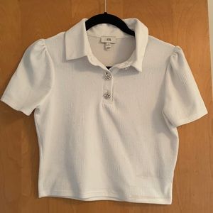 River Island White Short Sleeve Shirt Sparkle Buttons Size US 4